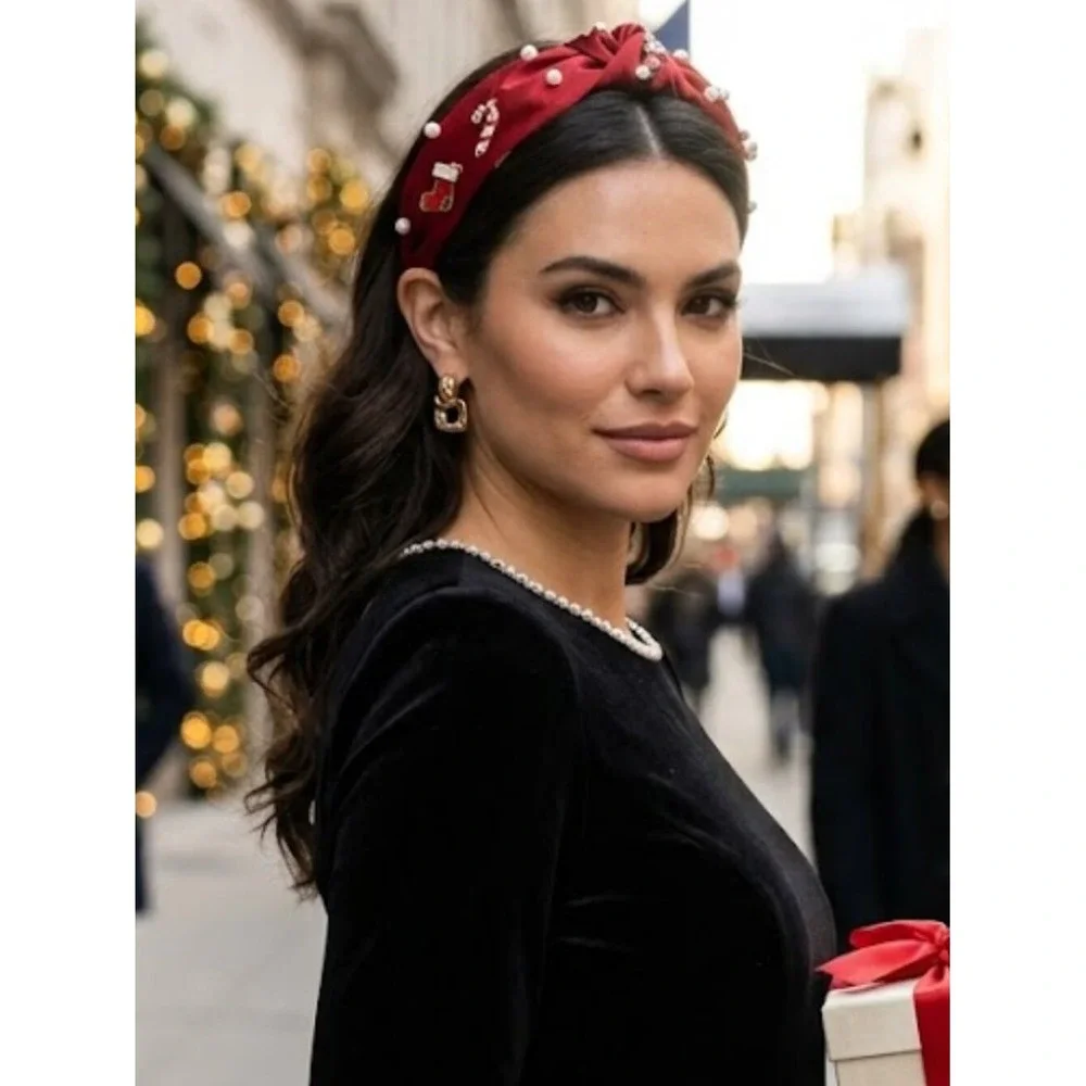 Red Satin Knotted Headband Faux Pearl Candy Cane Christmas Holiday‎ Charms Wide